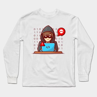 Hacker operating a laptop cartoon Long Sleeve T-Shirt